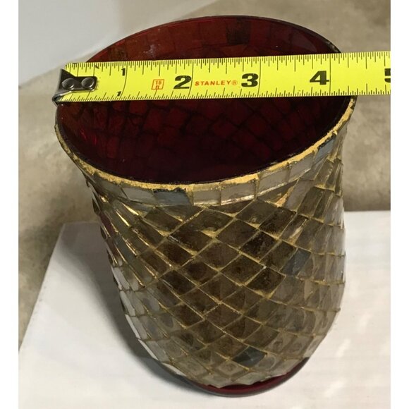 Vintage Mosaic Glass Vase Votive Holder Gold & Red Diamond Pattern 5.5" x 4.25" - Picture 9 of 9